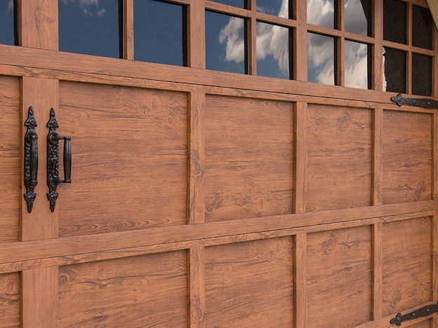 Creative Door Services Wood Stained Garage Door With Black Hardware